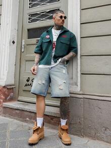 Artur Kramer Men's Faded Light Blue Washed Loose Fit Vintage Casual Denim Shorts Jorts Going Out Hang Out Commute College Street - Light Wash - View 1