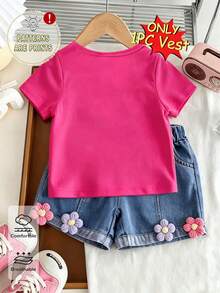 Girls' Casual Creative Floral Embroidered Graphic Tee, Comfortable Daily Wear, Suitable For Spring, Summer And Autumn - Hot Pink - View 2