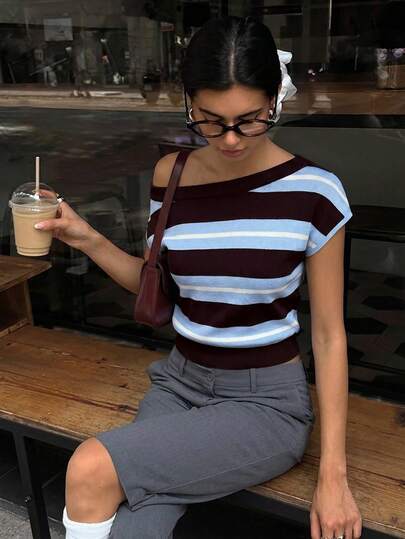 Aloruh Top de punto con cuello asimétrico, bloques de color y rayas, estilo casual de verano