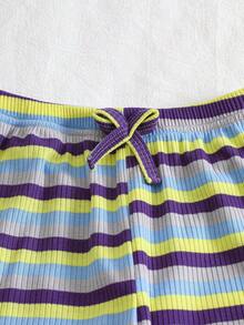 Elladie kids Young Girls Colorful Textured Striped T-Shirt & Flare Pants 2-Piece Set,Knitted Short Sleeve Round Neck Top,Casual Summer Wear,Family Matching - Multicolor - View 5