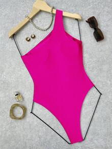 Bonvoyette Solid Color Hollow Out Asymmetric Metal Decor Swimsuit, One-Piece, Suitable For Beach Vacation - Hot Pink - View 2