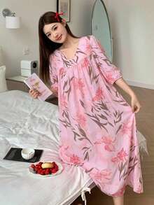 DAZY 花卉印花寬鬆女款睡袍，夏季睡衣 - 粉色 - 查看 6