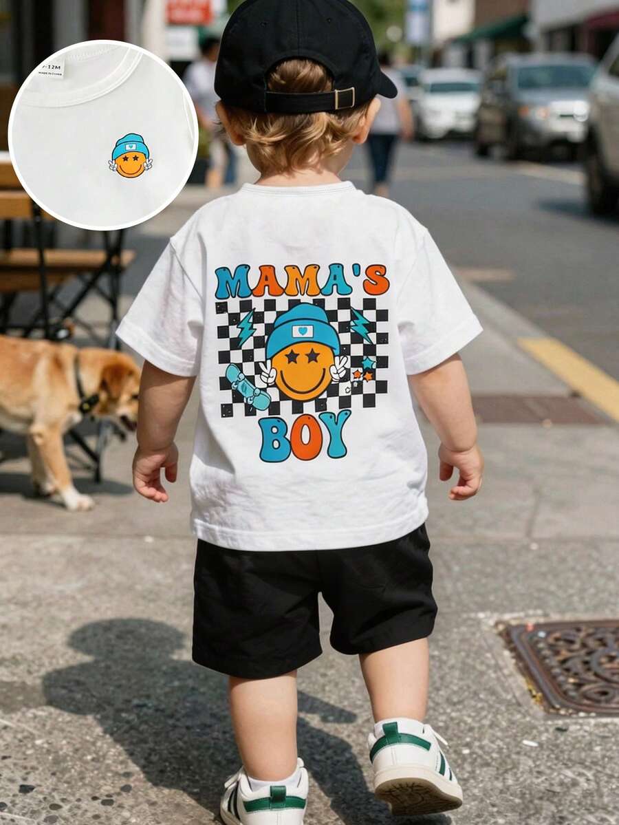 SHEIN Playful Pals 2件組男嬰白色夏季休閒圖案城市度假套裝 酷臉印花圓領T恤 & 鬆緊腰短褲 6個月至3歲
