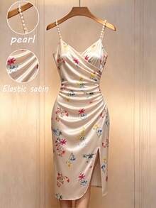 GlowEve Đầm maxi nữ màu sâm panh satin in hoa, dây đeo ngọc trai, xẻ tà bên hông, kiểu Pháp thanh lịch. - Nhiều màu - Xem 1
