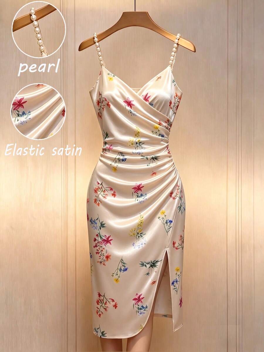 GlowEve Đầm maxi nữ màu sâm panh satin in hoa, dây đeo ngọc trai, xẻ tà bên hông, kiểu Pháp thanh lịch. - Nhiều màu - Xem 1