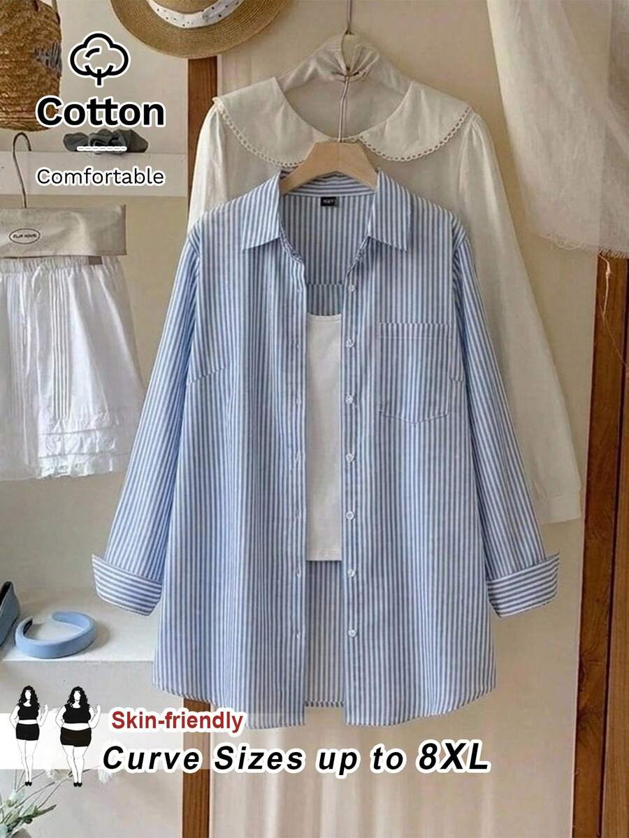 SHEIN CURVE+ Áo sơ mi dài tay kẻ sọc phong cách bohemian dành cho nữ, size US22, thích hợp cho lễ hội âm nhạc, kỳ nghỉ bên bờ biển, trang phục mùa xuân hè. - Màu xanh lam - Xem 1