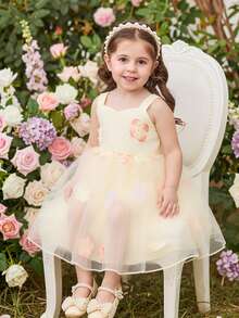 SHEIN Glamorique Kids Đầm dự tiệc không tay cho bé gái màu mơ, chất liệu lưới thêu họa tiết và có nơ trang trí, chân váy xòe bồng bềnh dễ thương, thích hợp cho sinh nhật, đám cưới, lễ hội. - Màu be - Xem 4