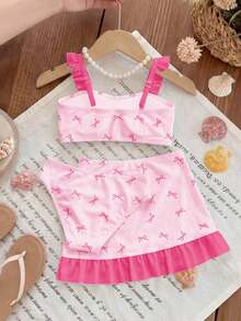 Young Girl's Pink Cute Sweet Mini Bow Print Pattern, Pink Striped Contrast Color, Ballerina Style, Young Girl Swimwear Set With Cover-Up Skirt - White - View 2