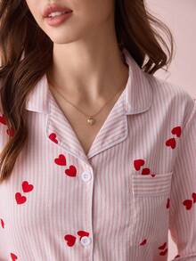 Bonmuse Striped Heart Print Women Bubble Crinkle Long Sleeve Pajama Set - Pink - View 6