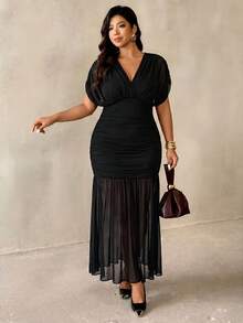 Auralis Plus Size Women V-Neck Short Sleeve Ruched Elegant Curve Dress Black For Wedding Cocktail Guest Graduation Party Summer - Black - View 3