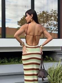 Yohana Edit Women's Spring/Summer New Knitted Crochet Crossed Backless Striped Bohemian Dress, Elegant Vacation Dress Summer Outfits For Women Ave Outfits Festival Rave Festival Rave Outfits Festival Outfits For Women Country Concert Outfit Festival Outfits Sundress Western Clothes For Women Summer Dresses For Women Dresses For Women Summer Outfits For Women Vacation Boho Elegant Dresses Vacation Outfits Women Elegant Dresses For Women - Multicolor - View 3