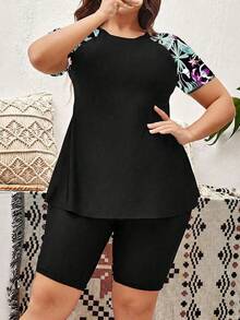 Swim Lushoire Plus Size Tropical Print Patchwork Rashguard Set, Suitable For Summer Beach Vacation - Multicolor - View 3