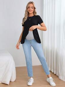 SHEIN Celana Jeans Kasual Polos untuk Ibu Hamil - Light Wash - View 5