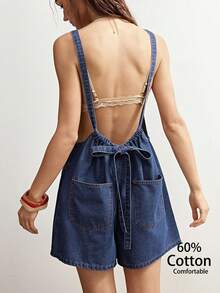 Bohemela Jumpsuit Denim Tenun Warna Polos Kasual Wanita Tanpa Punggung - Putih - View 1