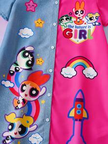 THE POWERPUFF GIRLS X SHEIN Tween Girl Colorblock Single-Breasted Short Sleeve Dress, - Multicolor - View 4