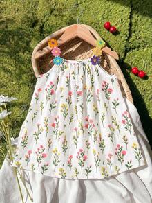 SHEIN Vintaside Kids 女婴彩色花卉丝带拼接条纹A字连衣裙，适合日常休闲和节日场合 - 白色 - 查看 3