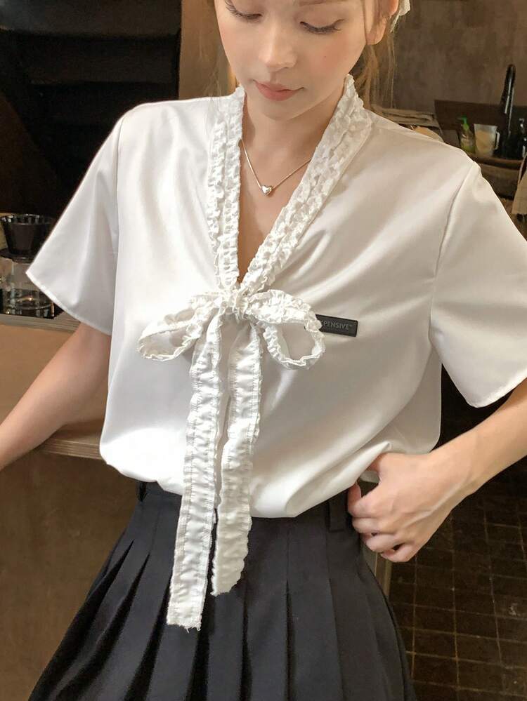 Letter Print Frill Trim Tie Front Loose Casual Summer Blouse For Women