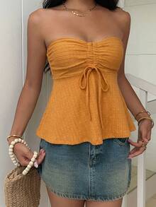 SHEIN EZwear Orange Knit Tube Top With Front Drawstring For Women,Summer Top - Orange - View 6