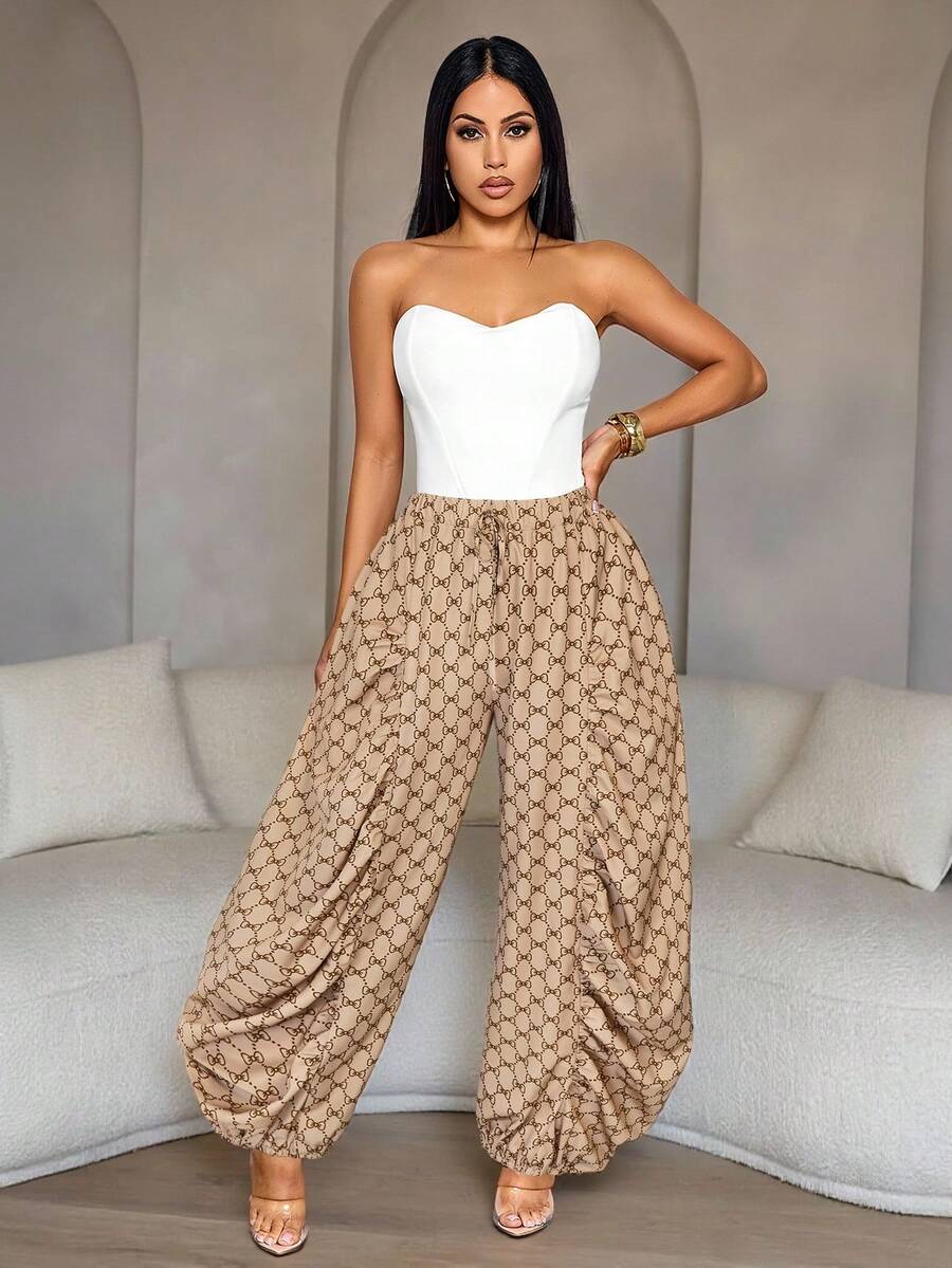 SOLERSUN Pantalones de mujer con estampado gráfico artístico vintage, elegantes, casuales, para ir al trabajo, de color albaricoque (floral aleatorio), para primavera/verano - Caqui - Ver 1