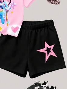 2pcs Young Girls' Fashion K-POP Cartoon Girl Ombre Round Neck T-Shirt And Matching Shorts Set,Light Pink Summer Comfortable Knit Outfit For Holiday - Multicolor - View 5