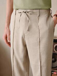 VeloEdit Khaki Color Men's Solid Color Tapered Pants, Fall Old Money, With Pocket & Drawstring, Basic, Father's Day Gift For Father & Boyfriend, Outfits For Men Summer - Khaki - View 6