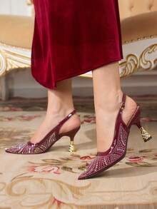CUCCOO TILAWA Women's Pointed Toe High Heels, Fully Decorated With Rhinestones, Adjustable Strap Design, Suitable For All Seasons - Elegant And Comfortable Middle Eastern Style Street Wear, Suitable For Valentine's Day, Office And Casual Occasions - Burgundy - View 1