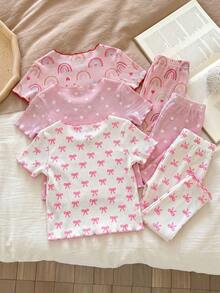 SHEIN LMoss Kids 女婴可爱卡通熊和花卉印花荷叶边圆领短袖上衣和裤子六件套休闲舒适针织睡衣套装 - 彩色 - 查看 2
