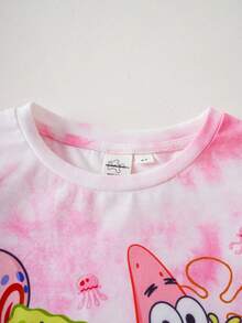 SpongeBob SquarePants | SHEIN Cartoon Print & Tie-Dye Round Neck Short Sleeve T-Shirt For Young Girls - Pink - View 4