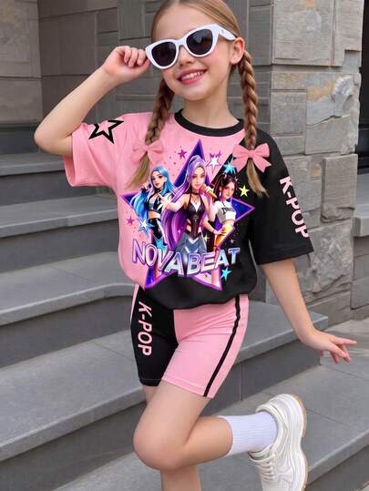 Girls' Casual Fashion Creative Personalized, Fresh And Stylish, Minimalist Cool, Virtual Girl Combination, Contrast Color Letter Print T-Shirt And Biker Shorts Set, Comfortable Summer And Autumn Style, Suitable For Teenage Girls Daily Sportswear
