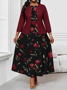 SHEIN Lady Đầm tím đỏ thanh lịch, kín đáo, thích hợp mặc đi làm mùa thu đông; Bộ đồ đôi màu tím cỡ lớn, cổ tròn, sang trọng dành cho nữ; Trang phục đồng quê cho nữ; Đầm đồng quê cho nữ; Bộ đồ hai mảnh in họa tiết màu tím. - Đỏ - Xem 1