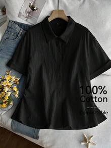 SHEIN Comfortcana Plus Size Casual Solid Color Shirt, Summer - Black - View 2