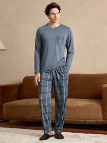 男士两件套：圆领长袖上衣搭配格子时尚长裤，休闲睡衣套装，秋冬服装 - 淺藍色 - 查看 3
