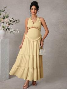 SHEIN 女款純色細肩帶上衣扭結設計優雅長裙孕婦兩件套 - 卡其色 - 查看 4