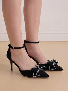 Eladyva Women's Spring Fashion Rhinestone Bow Pointed Toe High Heels, 9cm Chunky Heel Design, Comfortable & Sexy, Elegant Wedding Party Shoes, Non-Slip Rubber Sole,Elegant - Black - View 4