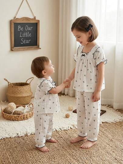 2-Piece Girls Toddler Homewear Set Square Neck Short Sleeve Long Pants Summer White Color With Allover Black Bow Print And Contrast Trim Pajamas Loungewear Set Soft Breathable Lightweight Cotton Fabric Cute Comfy Cozy Relaxed Fit Toddler Kids Casual Simple Stylish Fashionable Indoor Sleepwear