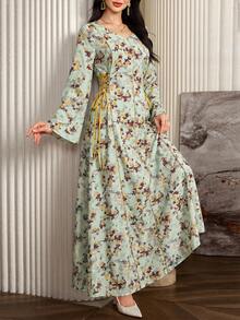 Al Najma Đầm dài tay buộc dây in hoa toàn thân kiểu Ả Rập, kiểu dáng maxi Kaftan Jalabiya dáng chữ A thanh lịch, thích hợp cho tiệc tối/đám cưới/kỷ niệm. - Màu vàng - Xem 1