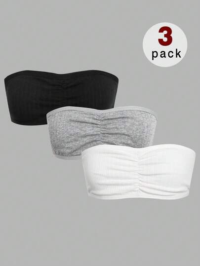 SHEIN Tween Girl 3-Pack Black, White, Gray Fashion Minimalist Padded Non-Slip Tube Top Bras
