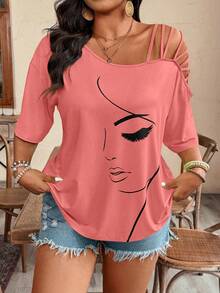 Weeklong Plus Size Asymmetric Strap Portrait Print Short Sleeve T-Shirt - Burnt Orange - View 7