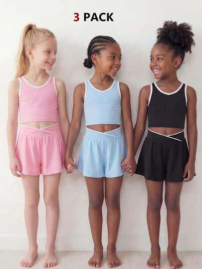 3pcs/Set Girls' Sports Suits, Minimalist Solid Color With Contrast Trim Design, Black + Pink + Light Blue 3-Color Combo, Anti-Flashing Training Outfit, Girls' Running & Fitness Suit