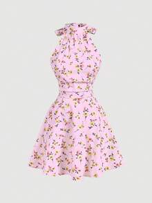 SHEIN MOD 女士印花露背扭结褶皱吊带迷你连衣裙 - 粉色 - 查看 2