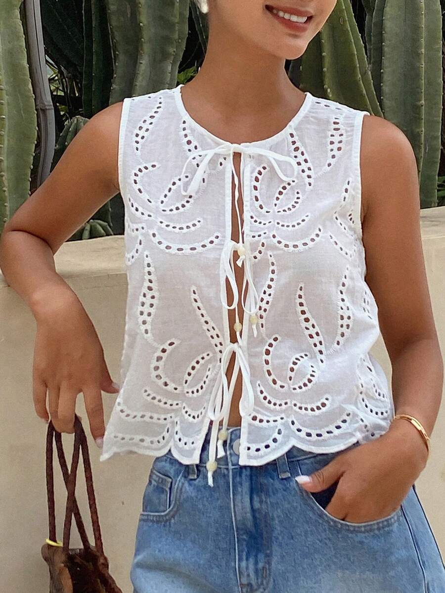 DAZY Áo khoác vest mùa hè thanh lịch dành cho nữ, không tay, thắt dây, chất liệu vải khoét lỗ, thêu họa tiết nổi bật. - trắng - Xem 1