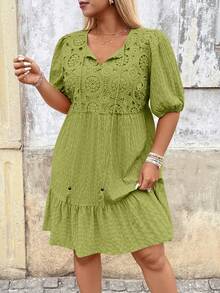 Breezaya Plus Size Lantern Sleeve Tassel Lace Patchwork Dress - Lime Green - View 4