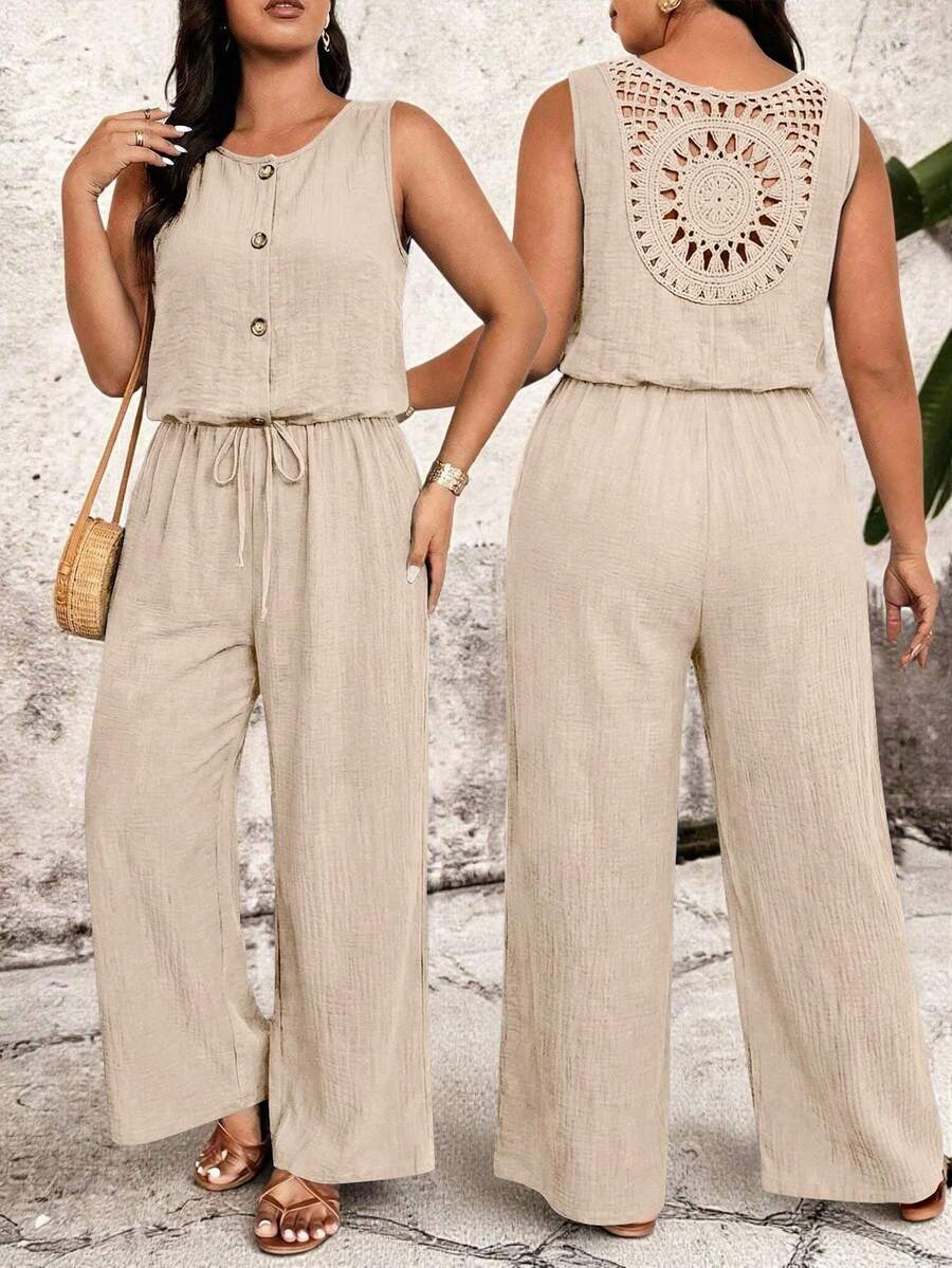 Breezaya Plus Size Solid Color Round Neck Backless Lace Trim Sleeveless Elastic Waist Jumpsuit - Khaki - View 1