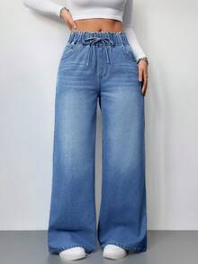 SHEIN Tall 女款休閒高腰寬腿牛仔長褲 藍色 夏季女裝彈性腰頭牛仔褲 高個女性適用 - 中等水洗藍 - 查看 6