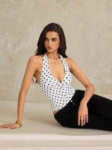 SHEIN Tall Schwarzes Polka-Dot-Muster Lässig Neckholder-Top, geeignet für Brunch, Ausflüge, Dates, Pendeln, Kreuzfahrten, Ibiza, Sommer-Top, für große Frauen - Weiss - Übersicht 3