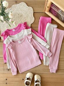 SHEIN 6pcs Baby Girl Knitted Solid Color Round Neck Ruffle T-Shirt And Pants Set - Multicolor - View 4
