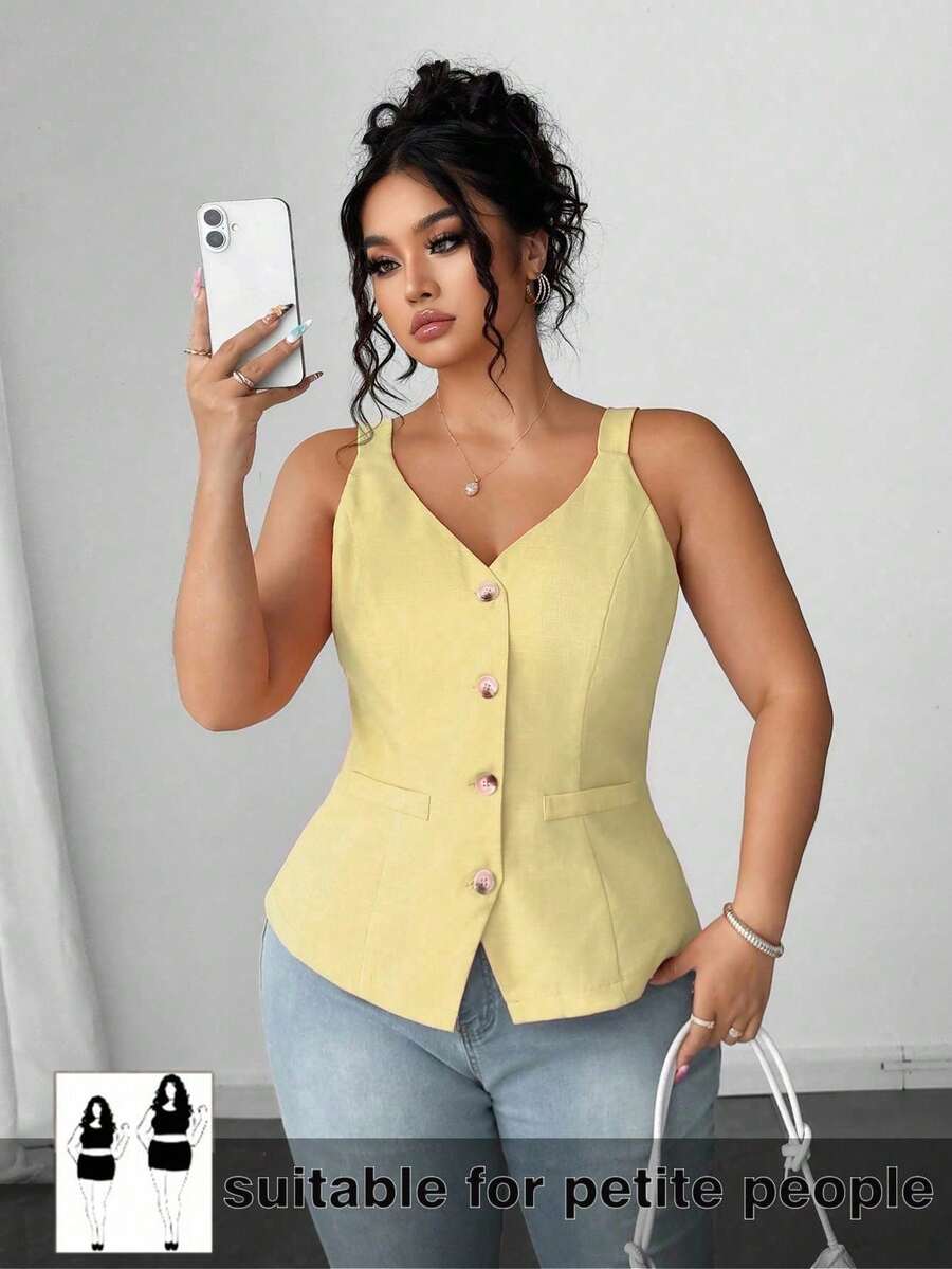 SHEIN PETITE 大码女士优雅无袖背心,可叠穿或单穿,时尚百搭,收腰设计,适合春秋季休闲及工作场合穿着。 - 黃色 - 查看 1