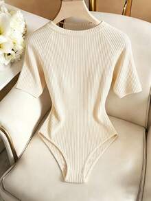 SHEIN Franclia Fashionable Commuter Ribbed Knit Slim Fit V-Neck Elegant Basic Bodysuit For Women, Suitable For Dates Golf, Parties White Summer - White - View 2