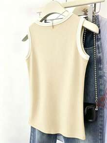INAWLY Plus Size Women Casual Ribbed Crew Neck Tank Top - Apricot - View 2
