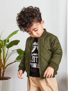 Baby Boy Ribbed Collar & Cuffs Plain Diamond Patterned Thick Jacket,In Fall/Winter - Army Green - View 6